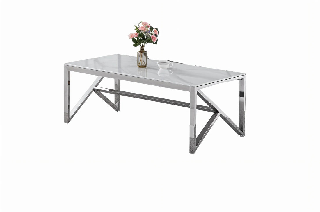 Table Basse Rectangle Verre Trempé Marbré Blanc 120x60x45cm MAJESTIQUE