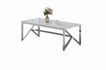 Table Basse Rectangle Verre Trempé Marbré Blanc 120x60x45cm MAJESTIQUE