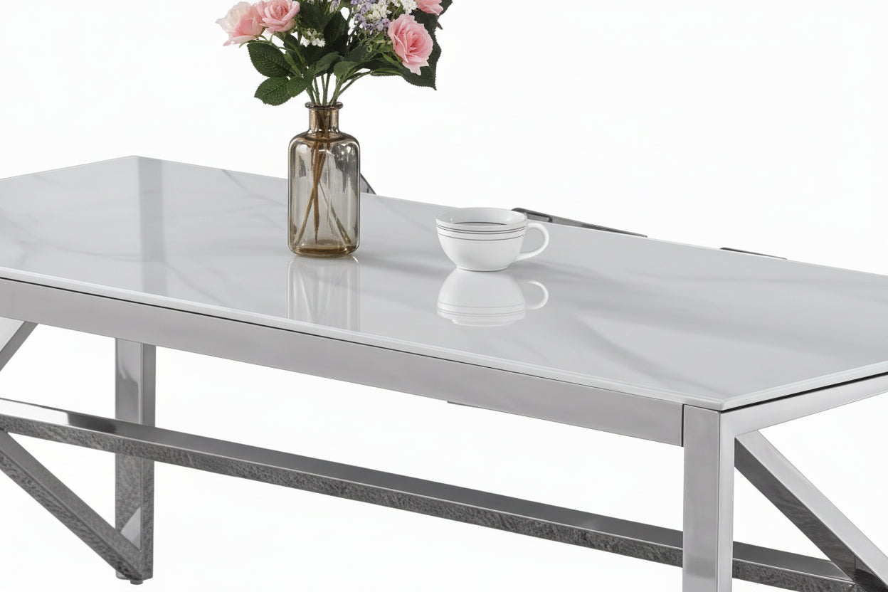 Table Basse Rectangle Verre Trempé Marbré Blanc 120x60x45cm MAJESTIQUE