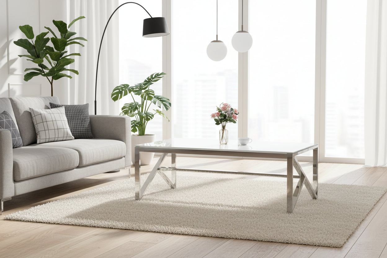Table Basse Rectangle Verre Trempé Marbré Blanc 120x60x45cm MAJESTIQUE