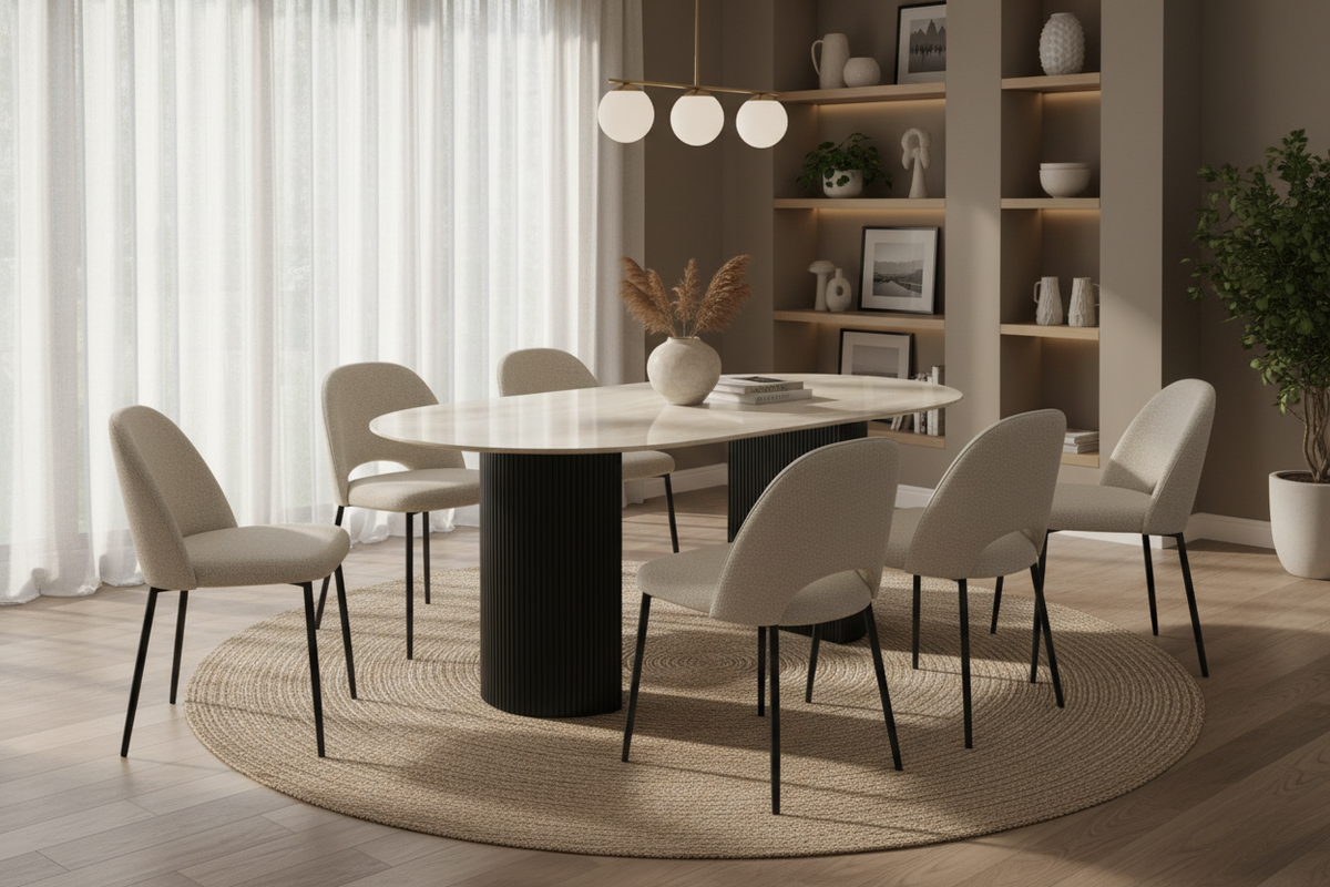 Ambiance table à manger ANNA céramique travertin brillant pied noir
