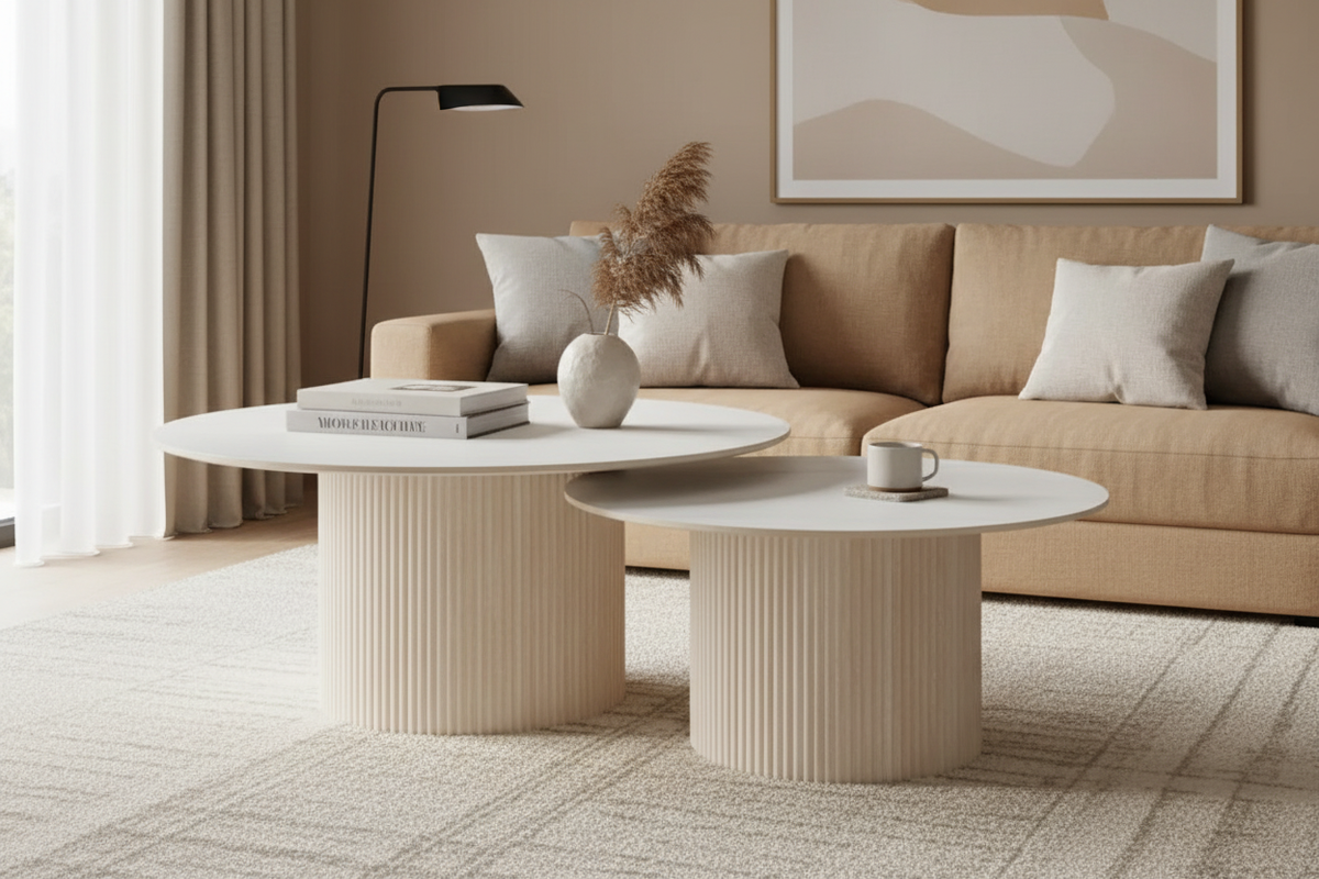 Ambiance duo tables basses BAIETA céramique marbre blanc pied travertin