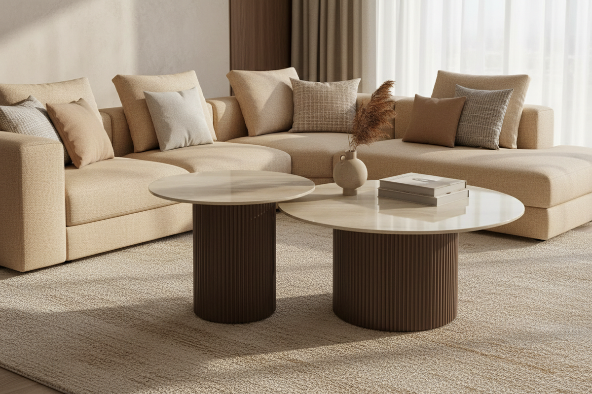 Ambiance duo tables basses BAIETA céramique travertin brillant pied noyer