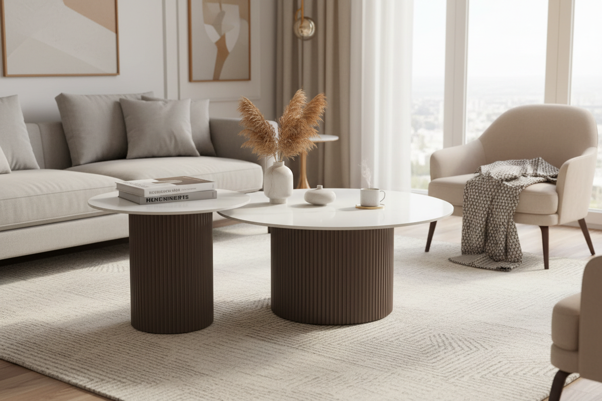 Ambiance duo tables basses BAIETA céramique marbre blanc pied noyer