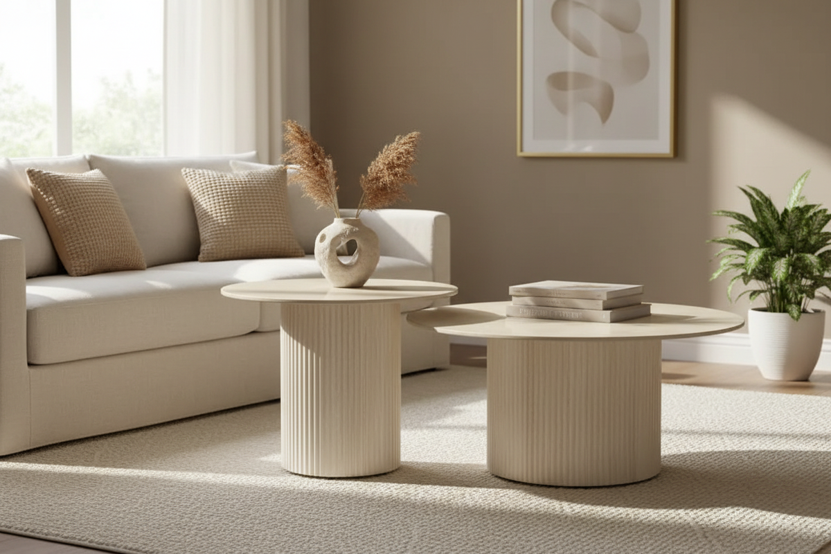 Ambiance duo tables basses BAIETA tout travertin brillant
