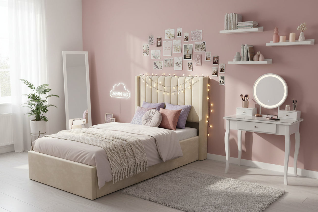 Lit coffre velours beige sommier relevable 90x190 cm CAMILLE