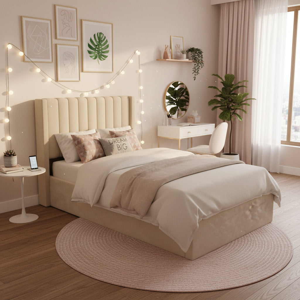 Lit coffre velours beige sommier relevable 90x190 cm CAMILLE