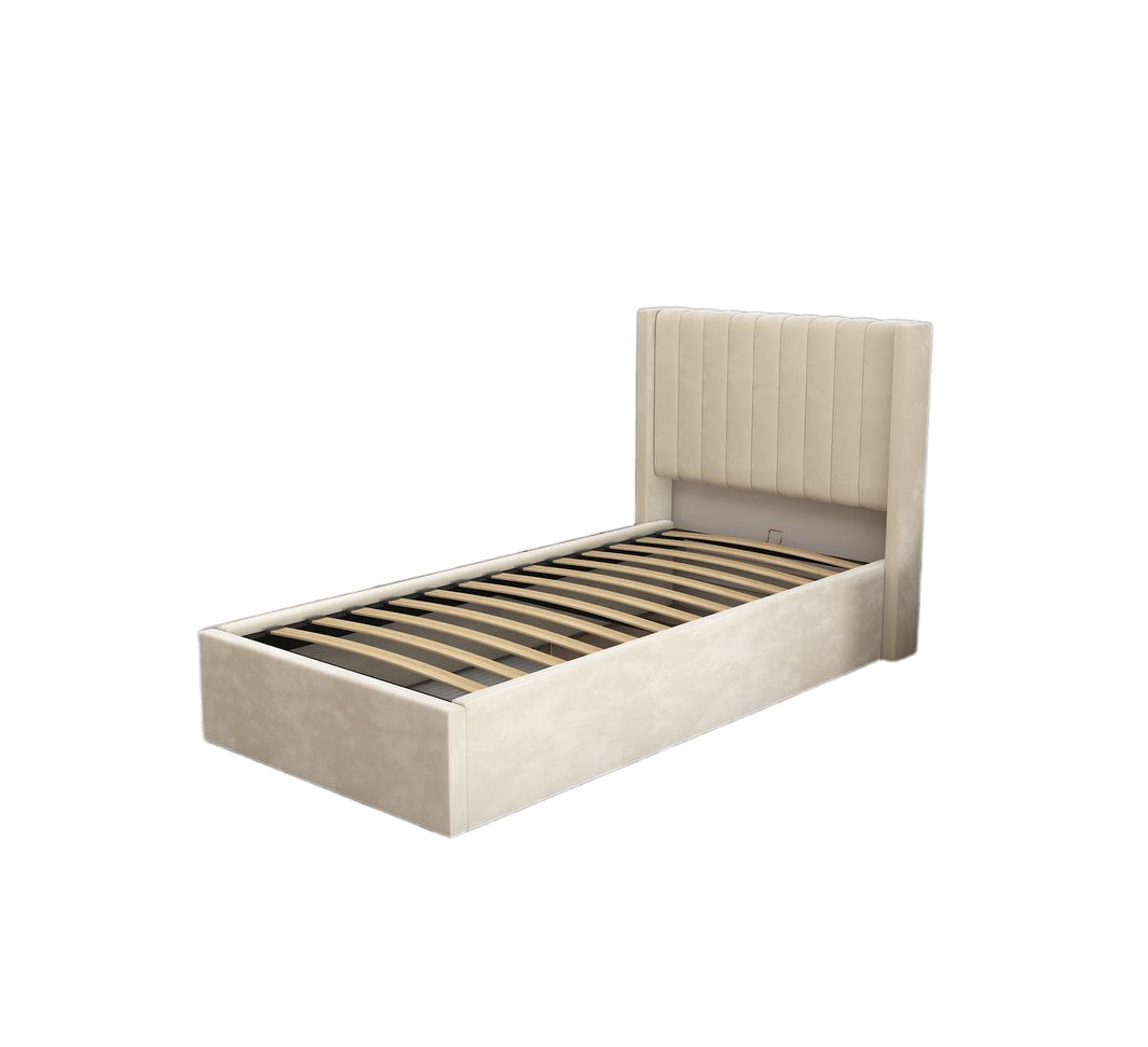 Lit coffre velours beige sommier relevable 90x190 cm CAMILLE