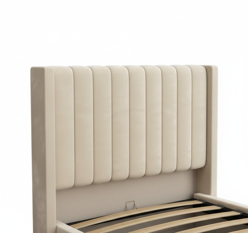 Lit coffre velours beige sommier relevable 90x190 cm CAMILLE