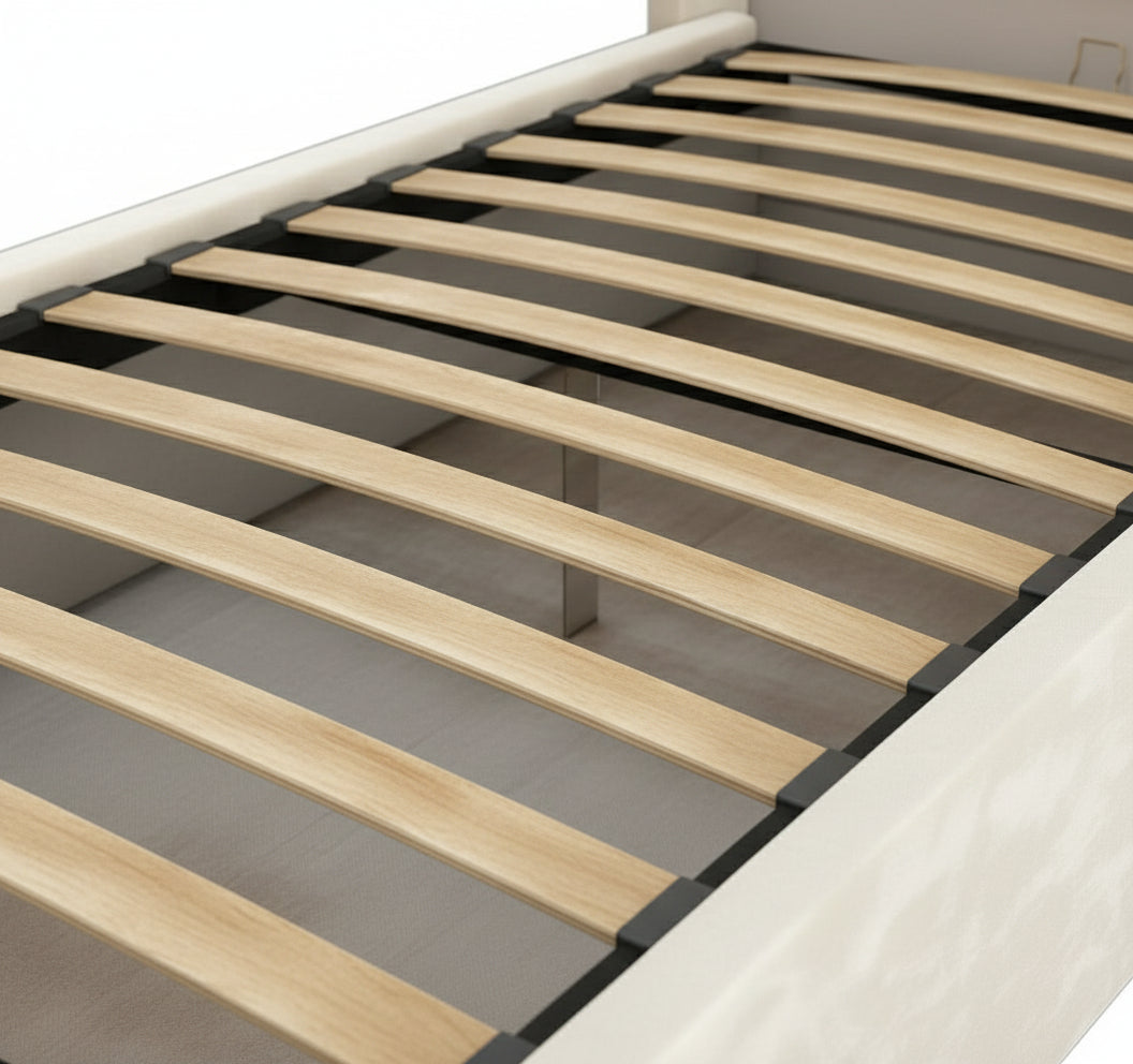 Lit coffre velours beige sommier relevable 90x190 cm CAMILLE
