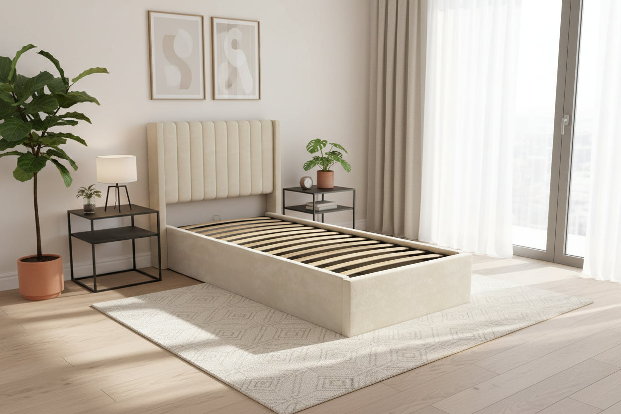 Lit coffre velours beige sommier relevable 90x190 cm CAMILLE