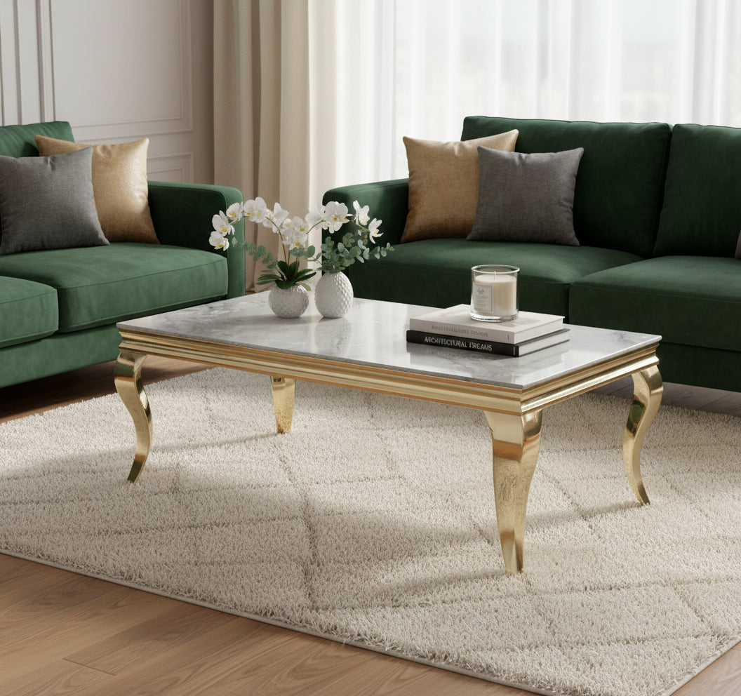 Table basse BAROQUE Gold 120x60x45 cm – Plateau Marbré gris