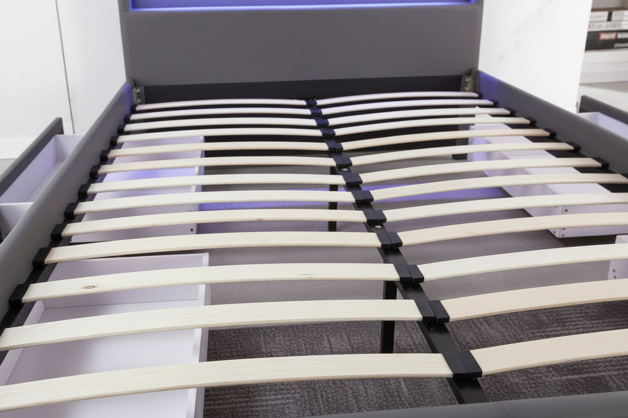 Lit adulte 160x200 cm gris avec tiroirs LED sommier inclus