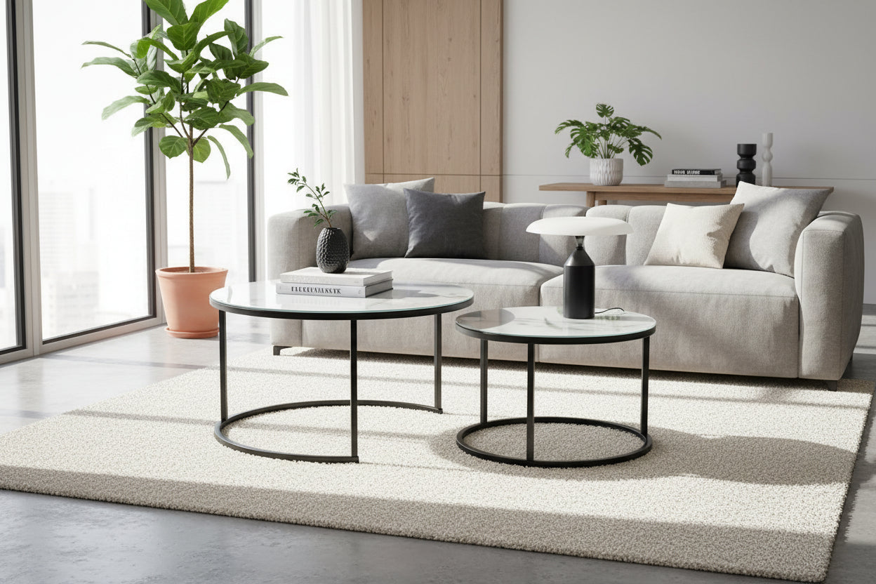 Lot 2 tables basses gigognes rondes effet marbré blanc D80 D60 ARTO