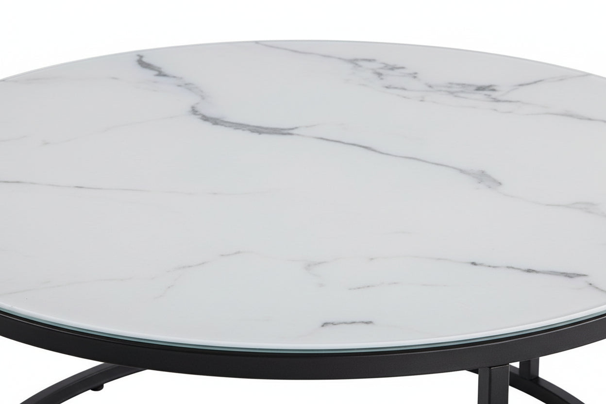 Lot 2 tables basses gigognes rondes effet marbré blanc D80 D60 ARTO