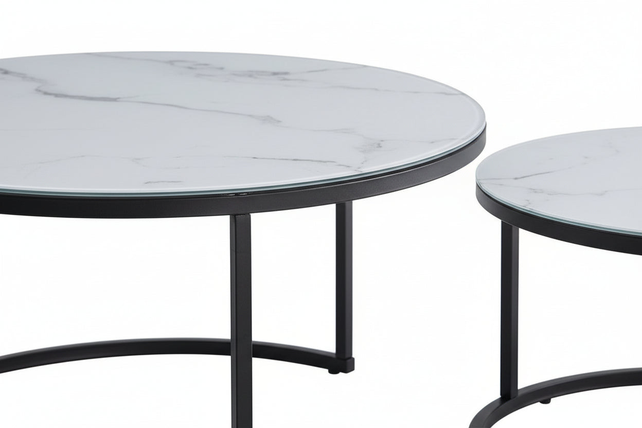 Lot 2 tables basses gigognes rondes effet marbré blanc D80 D60 ARTO
