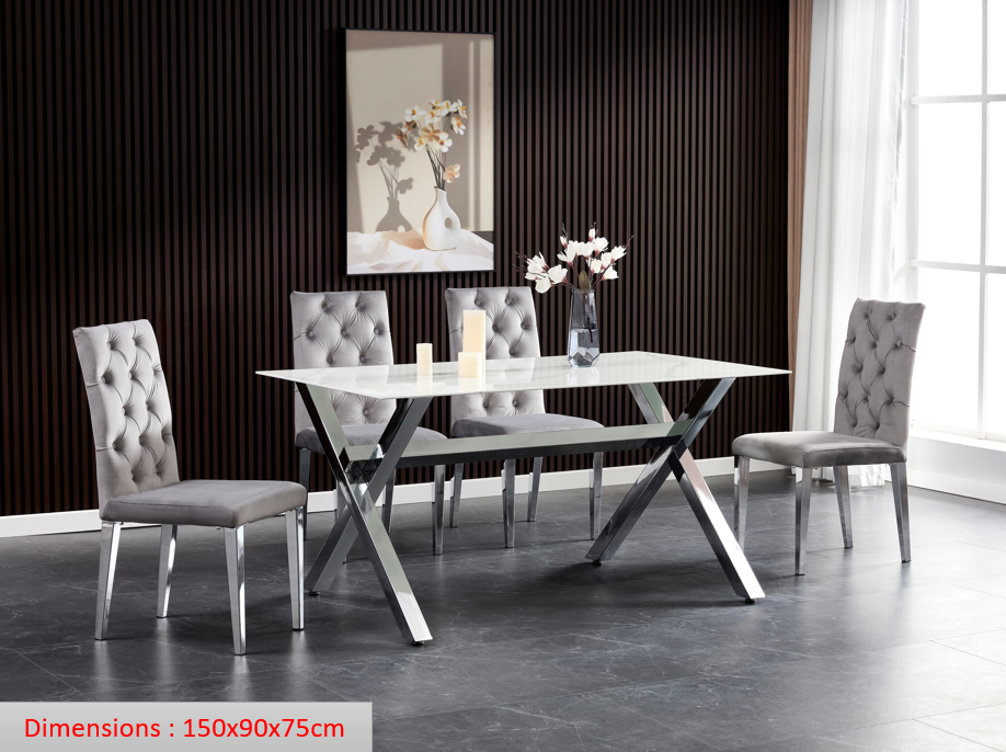 Table à manger IXE chrome verre trempé 150x90x75 cm #couleur_chrome_marbre_blanc