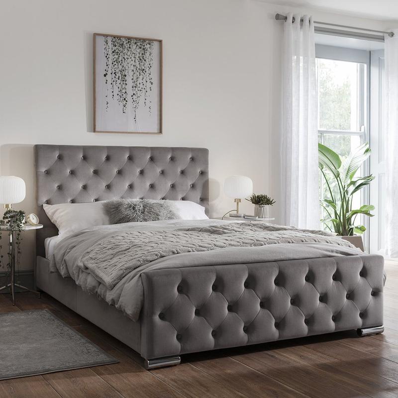 Lit PRESTIGE 2 places 160x200 cm en velours gris sommier inclus