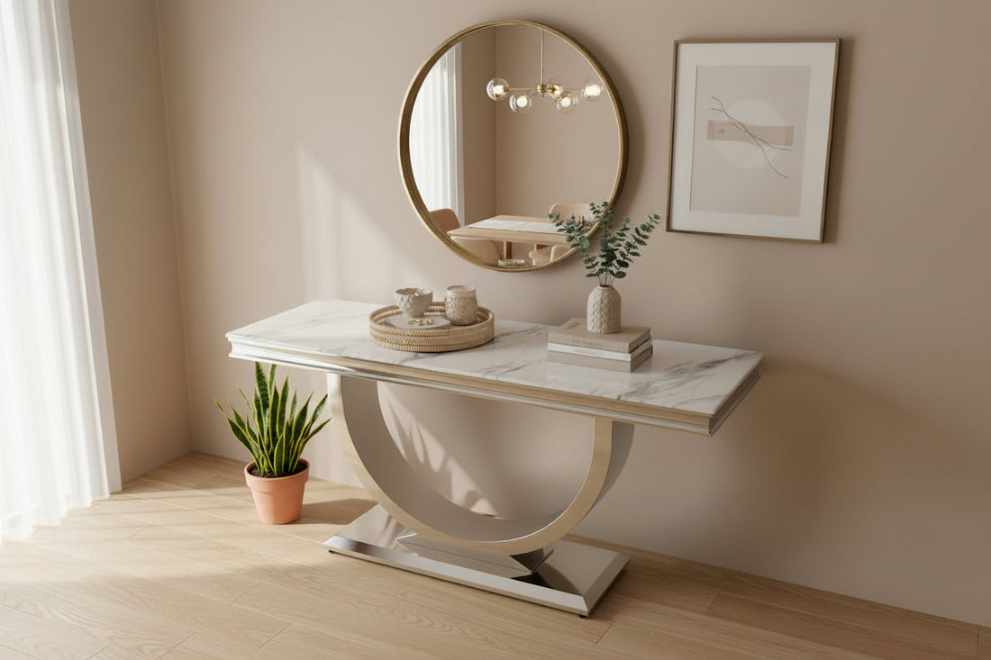 Console métal chrome plateau effet marbre blanc 120x40x78 cm OMEGA