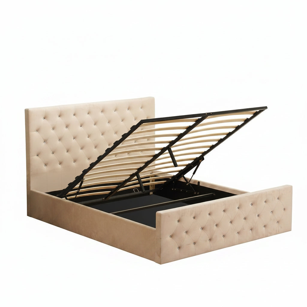 Lit coffre 2 places 160X200 cm VICTORIA Velours #Couleur_beige