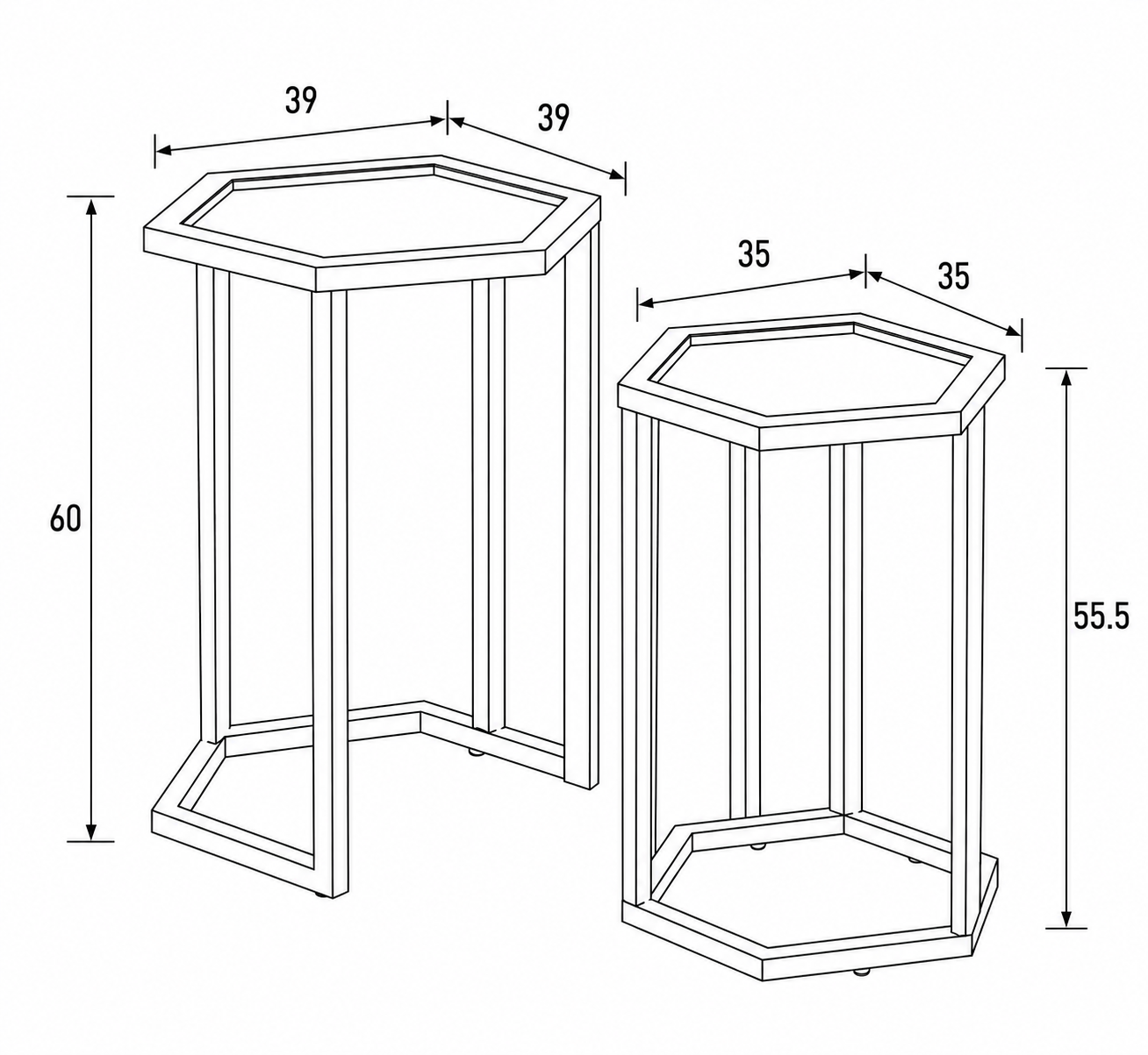 Set de 2 guéridons gigognes métal plateau verre trempé | forme hexagonale #couleur_transparent