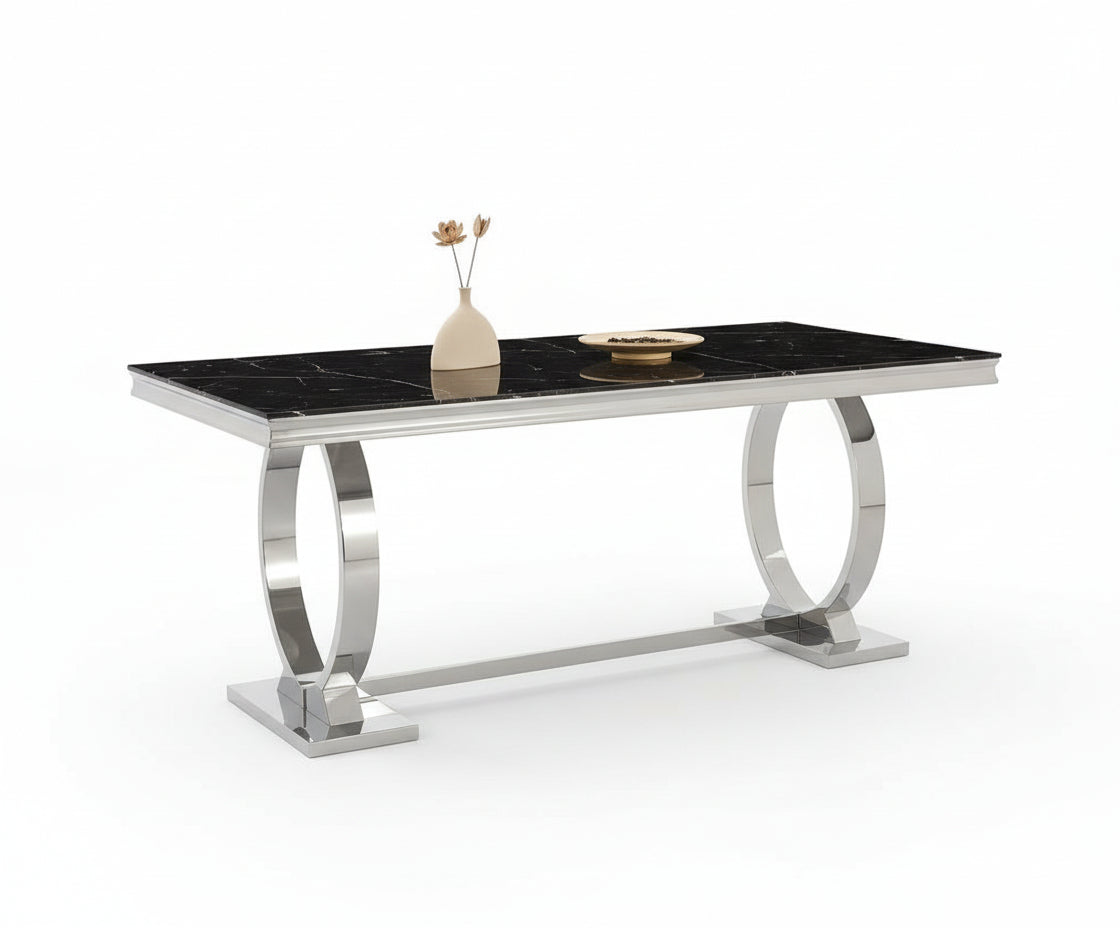 Table à manger 6 à 8 personnes OMEGA Chrome verre 180x90 cm #couleur_marbré-noir