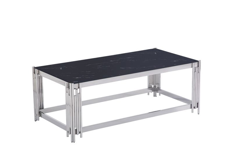 Table Basse FLUTE Rectangle Double Plateau Verre Trempé Marbré Noir Structure Chrome 120x60x45cm