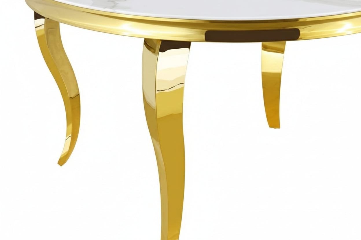 Table à manger Ronde BAROQUE Gold 130x75cm - Plateau Marbré blanc