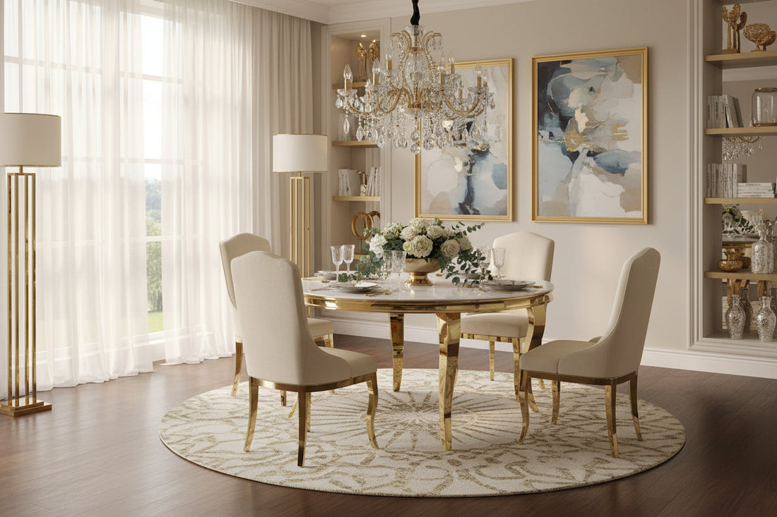 Table à manger ronde BAROQUE gold  130x75 cm #couleur_marbré-blanc