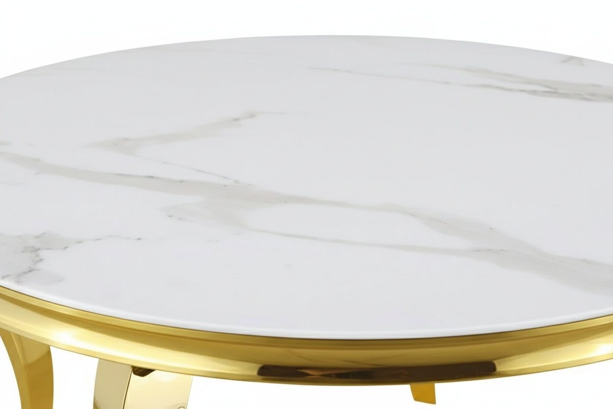 Table à manger Ronde BAROQUE Gold 130x75cm - Plateau Marbré blanc